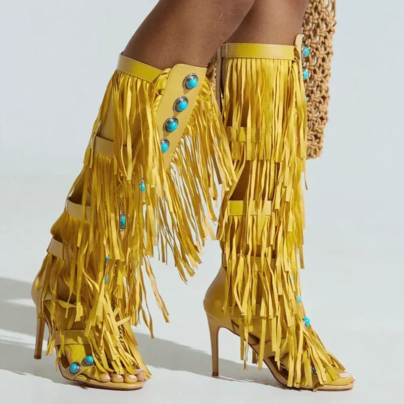 Crystal Tassel Sandal Boots Sexy Hollow Out Pointed Toe Thin Heel Zccetp Customized New Arrivals Fashion Womne Modern Shoes