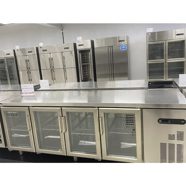 Новый стиль 2025 года, мраморный холодильник с морозильной камерой, стеклянная дверь из нержавеющей стали, верстак, холодильник с колесом