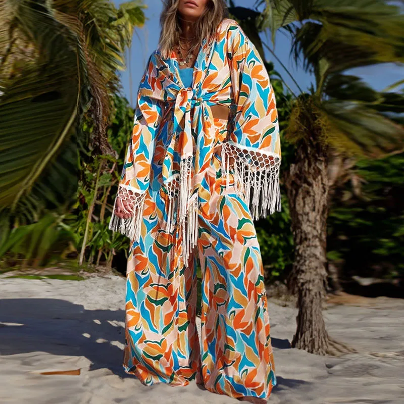 Holiday Boho Net Tassel Sunscreen Clothing Two Piece Suit Casual Fashion Loose Top+Pants Outfits Women New Print Beach Cover Set