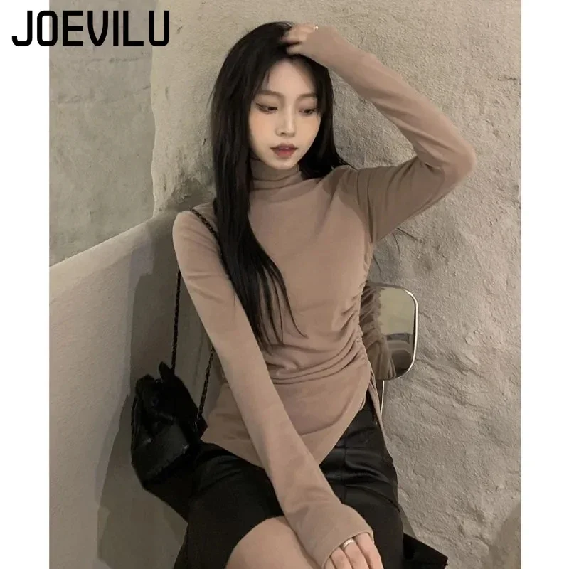 JOEVILU Shirring Irregular Tops Turtleneck Thin Velvet Bottom Shirt Niche Thermal T-shirt Female Korean Slim Aesthetic T-shirt