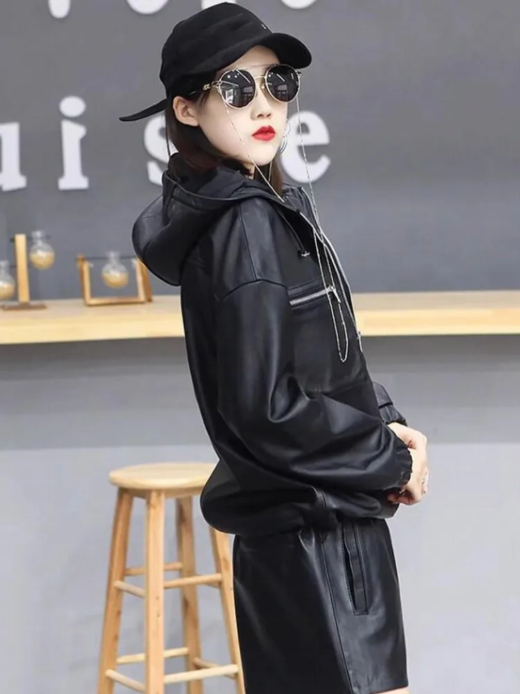 Fashion Women Spring Autumn Loose Fit Sheepskin Genuine Leather Hooded Jacket Streetwear Casual Zipper Pockets Pullover Coats