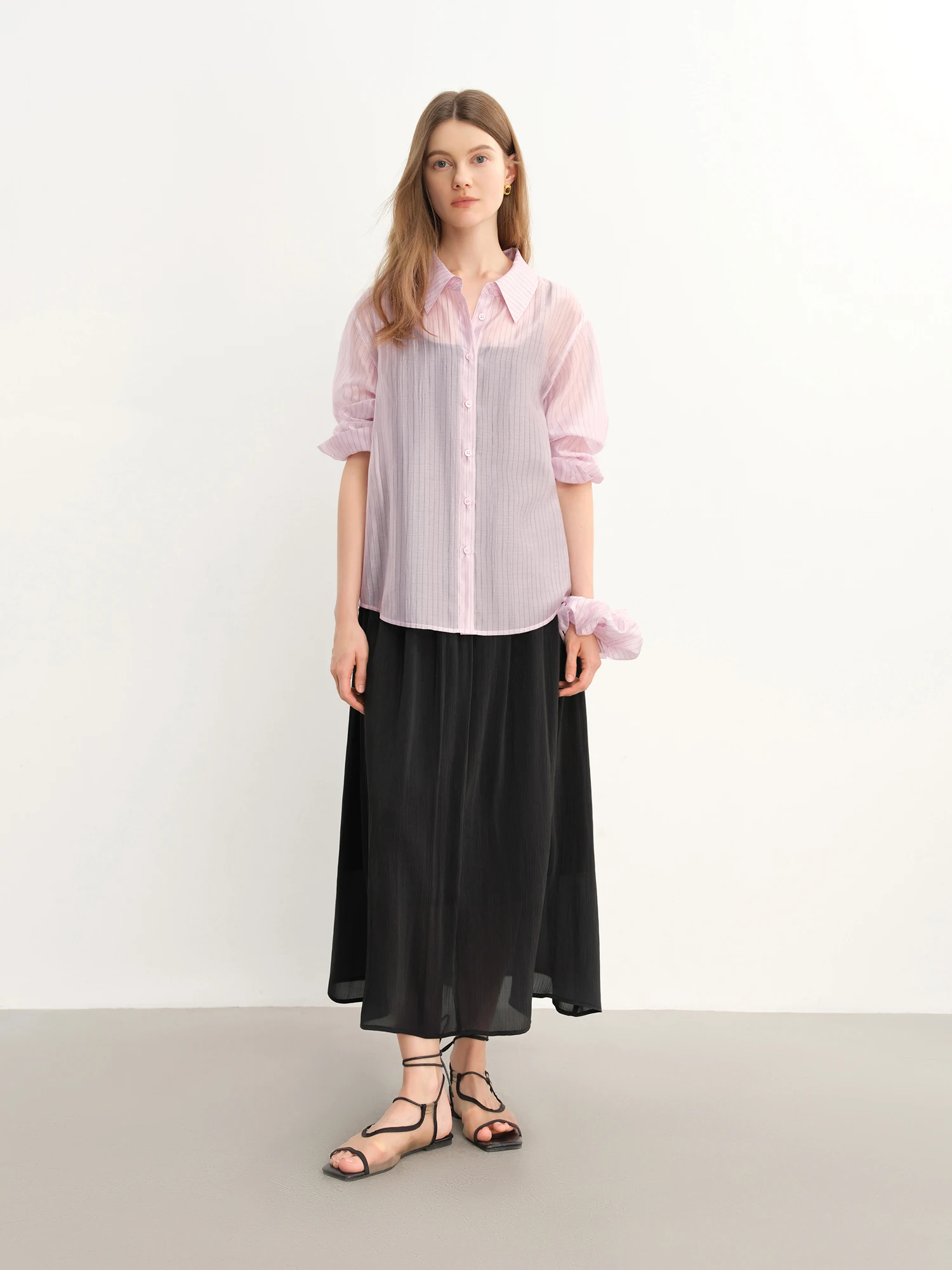 DUSHU Plus Size Striped Perspective Long-sleeved Shirt For Women 2025 Summer New Arrival Fresh Chic Tops for Women 25DS82832