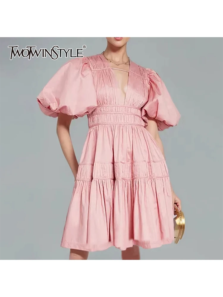 

TWOTWINSTYLE Solid Casual A Line Dresses For Women V Neck Puff Sleeve High Waist Patchwork Folds Elegant Slimming Dress Female