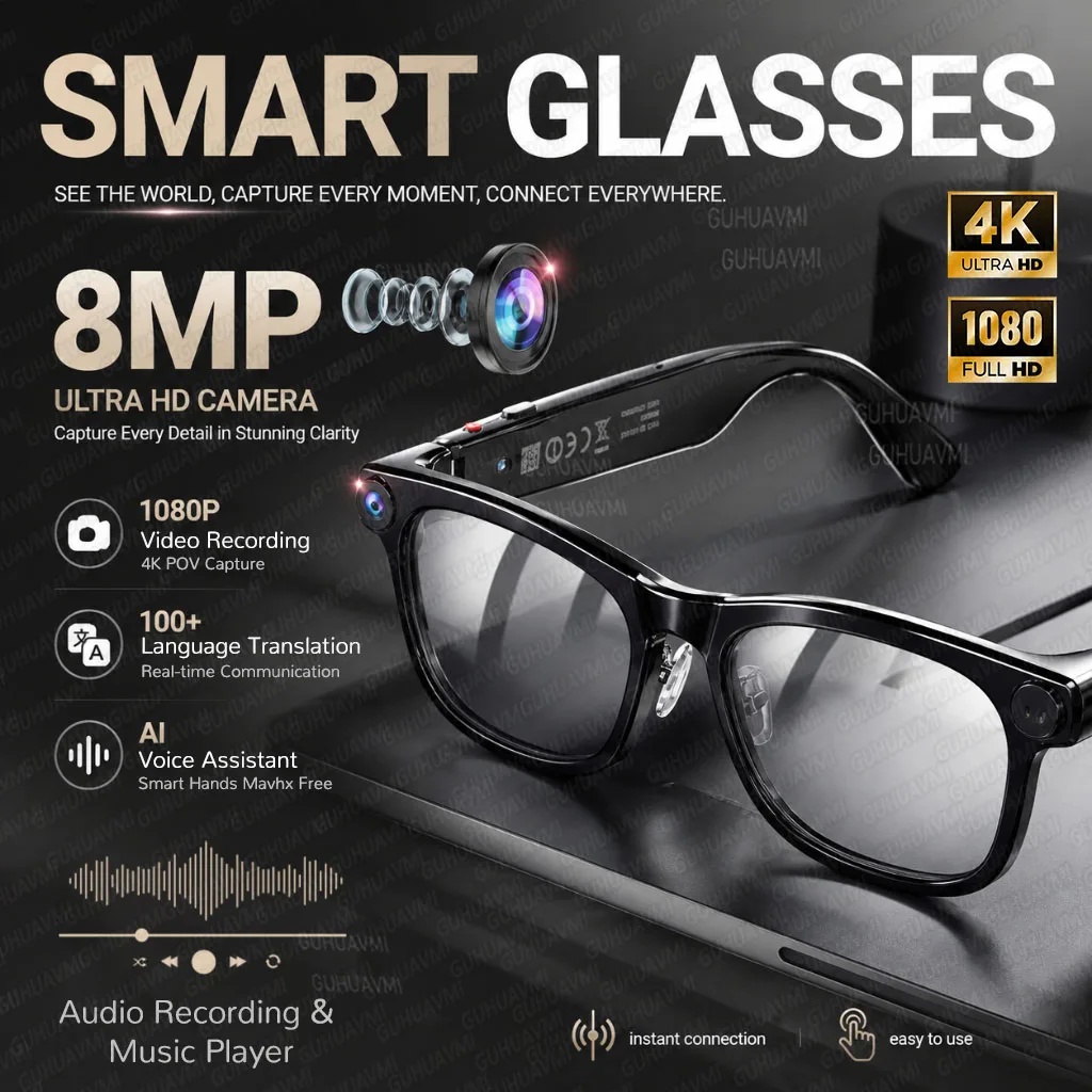 New 4K POV Smart Camera Glasses For Men Women 800W Pixel Camera 1080P Video Recording Translation ChatGPT Open ear Music Glasses