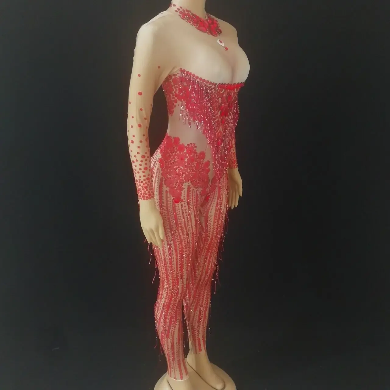 여성 섹시 레드 라인스톤 태슬 점프수트 스트레치 크리스탈 바디수트 바 파티 무대 의상 생일 축하 댄스 의상