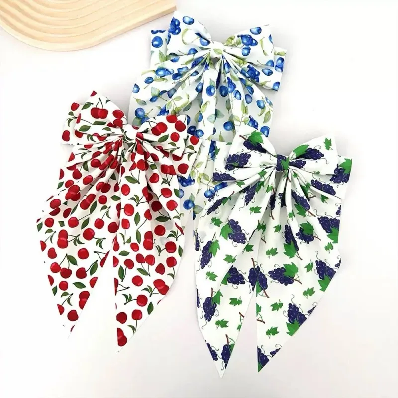 الكرز طباعة طبقة مزدوجة القوس الربيع كليب عنبية العنب التعادل صبغ النسيج طويل غاسل لطيف إكسسوارات الشعر للنساء