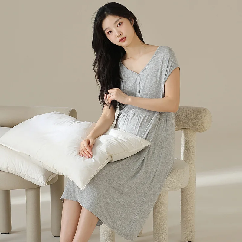 

Modal Summer Maternity Nightgown Short Sleeve Postpartum Nightdress Maternity Nightwear Nursing Dresses Breastfeeding