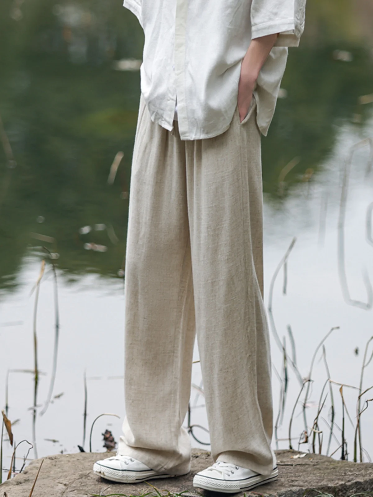 

Свободные прямые брюки из хлопка и льна для подростков и мужчин: повседневные широкие длинные брюки для активного отдыха, удобные, дышащие, для осени