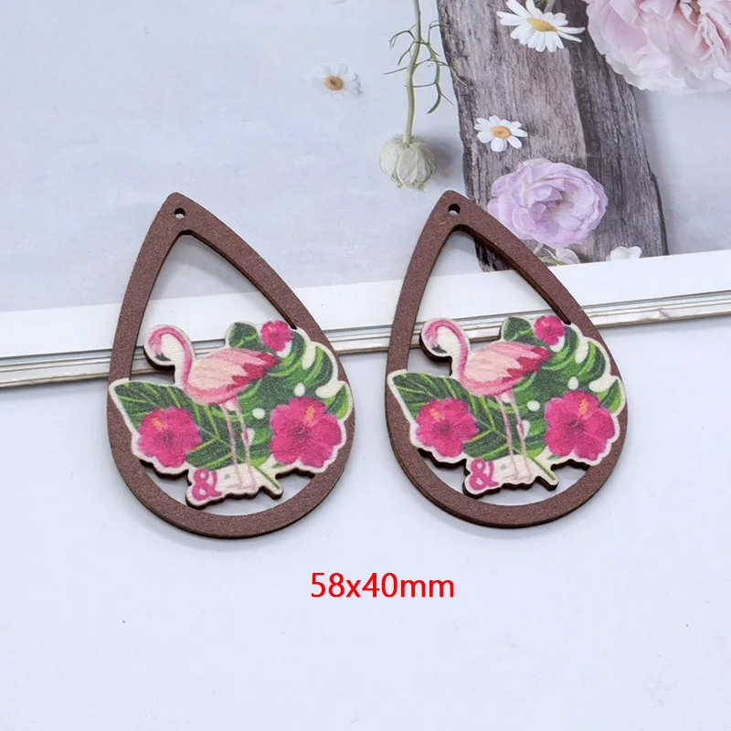 10pcs Vintage Hollow Drop Flamingo Leaf Wood Charms Bohemia Cross Flower Earring Keychain Pendant DIY Jewelry Make AE295