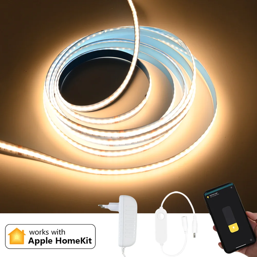 Homekit WiFi Warm White COB LED Strip 12V 1m 2m 3m 4m 5m Flexible Dimmable Room Cabinet Lighting 3000K-6500K Siri Voice Control