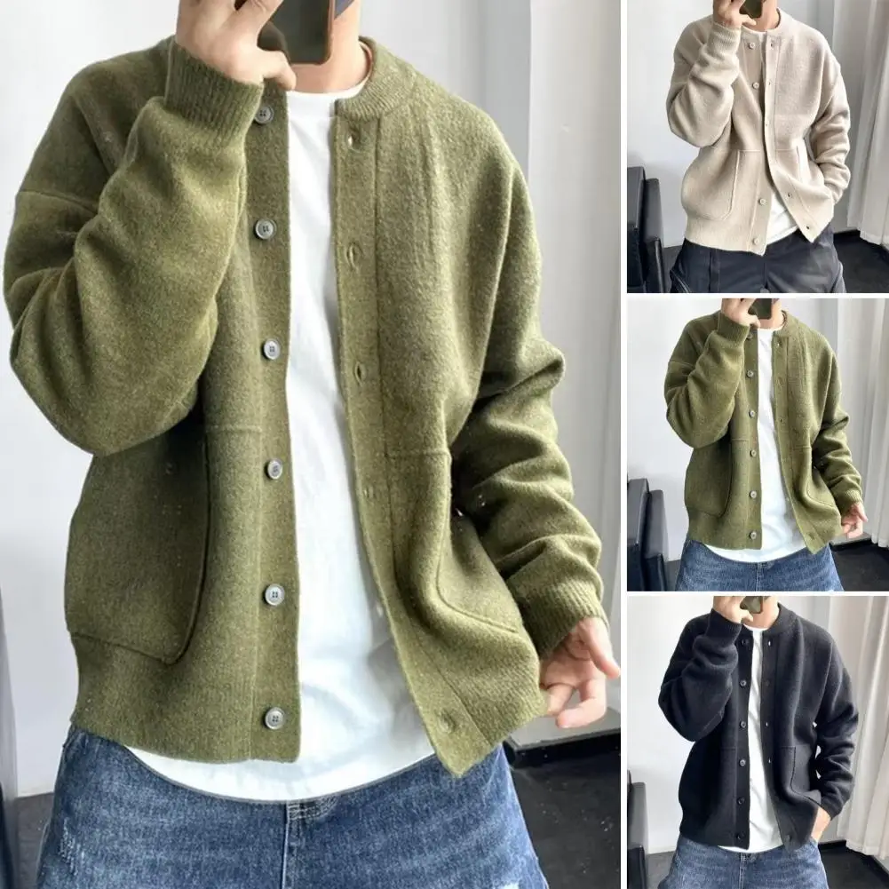 

Sweater Coat Men's Thick Knitted Cardigan Sweater with Pockets for Fall Winter Round Neck Single-breasted Solid Color for Men