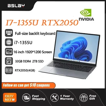 แล็ปท็อปสำหรับเล่นเกม16นิ้ว Intel Core I7-1355U NVIDIA RTX2050 4g 32GB DDR4หน้าต่าง SSD 2TB 11 12 Cores 16เส้นน้ำหนักเบาพีซี