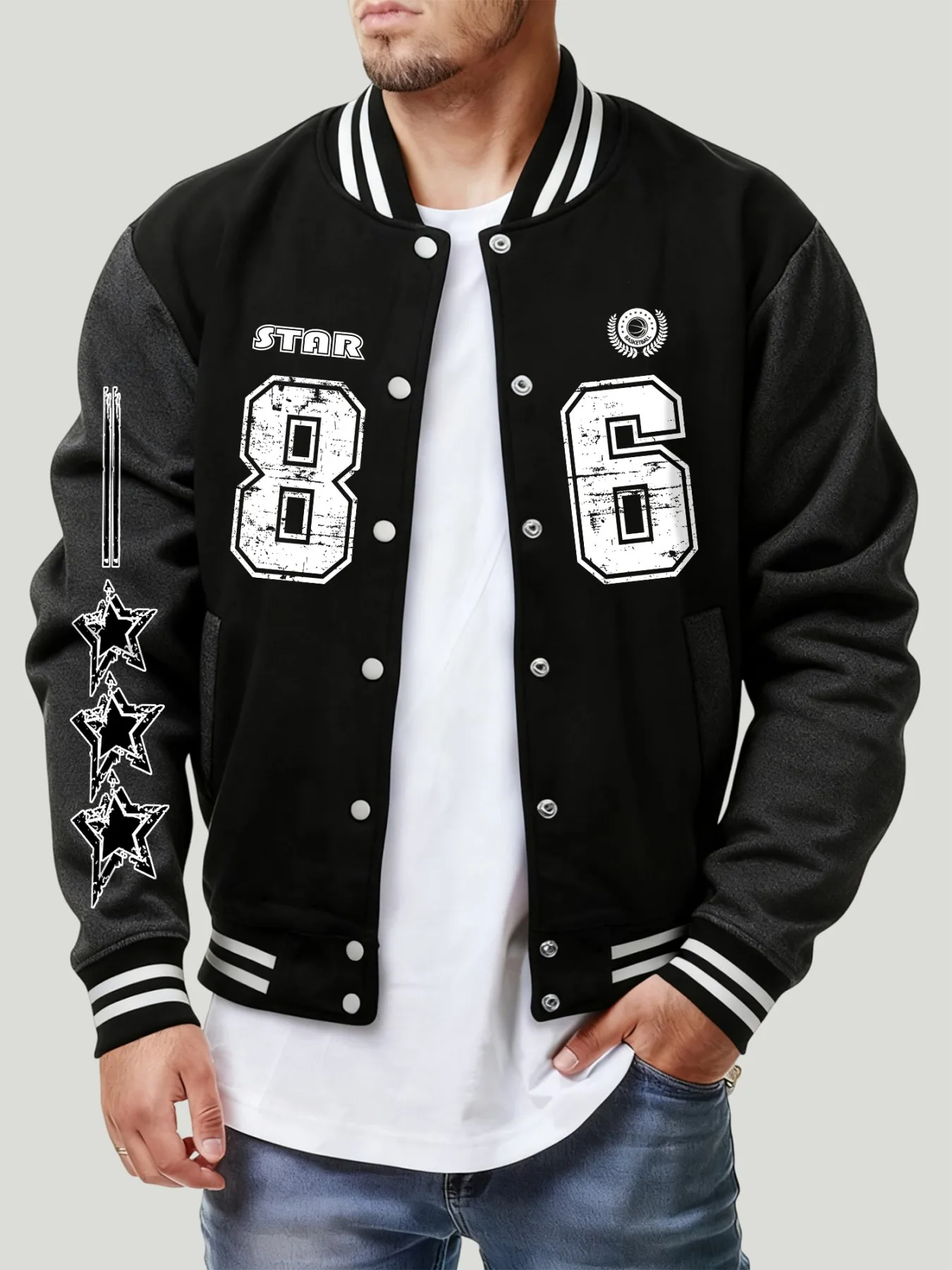 

Star Number 86 Design Baseball Jackets Men Fleece Oversized Streetwear Fashion Y2K Jersey Casual Tops Man Autumn Clothing