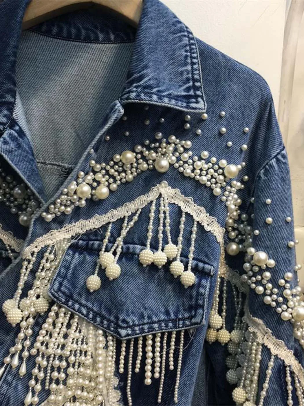 TEELYNN Vintage Beading Tassel Denim Jacket for Women Casual Lapel Long Sleeve Autumn Coats 2022 Loose Boho Pearl Jean Outwear