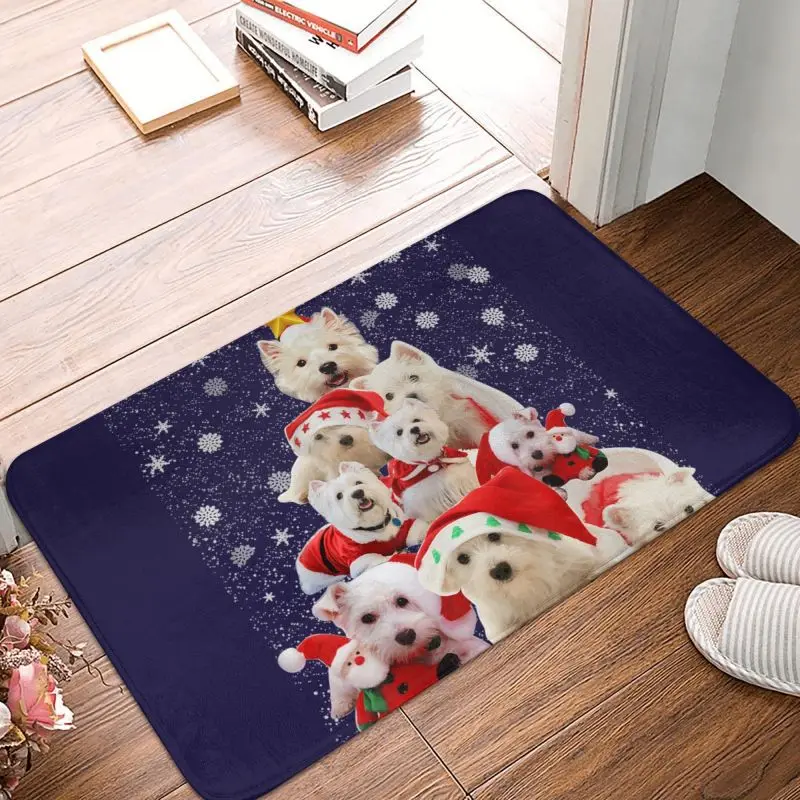 Westie Christmas Tree Dog Pajamas Front Floor Door Entrance Mat Indoor Highland Terrier Kitchen Doormat Living Room Carpet Rug