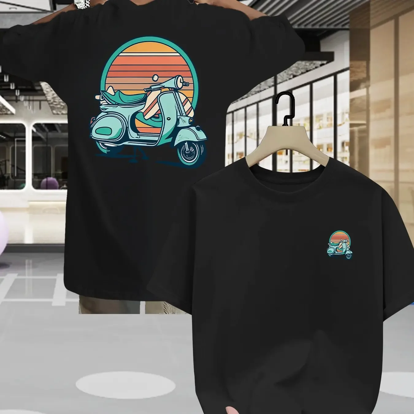 2026 Men's Oversized T Shirt Retro Scooter Sunset Graphic Print Short Sleeve Cotton Casual Unisex Tee
