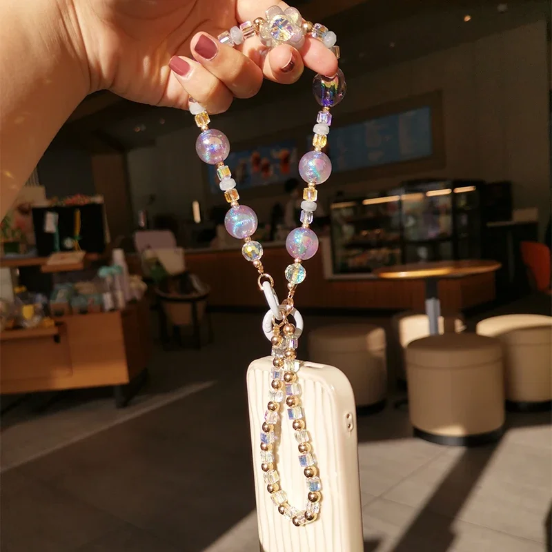Short Flower Wrist Rope Mobile Phone Double Chain Anti Lose Rope Colorful Crystal Ball Round Bead Lanyard Phone Charms Strap