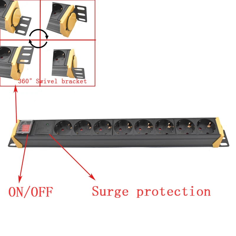 360 Swivel bracket PDU Power Distribution Unit Strip Network Cabinet Rack SPD 16A EU Plug Socket Outlet 2m Extension Cord