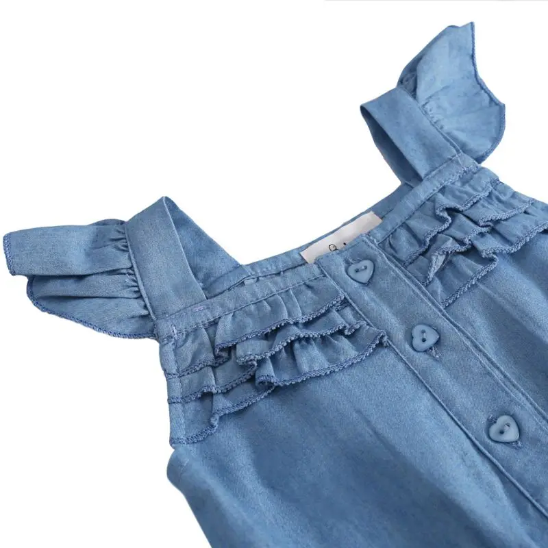 Baby Girls Clothing Rompers Denim Blue Cotton Washed Jeans Sleeveless Bow Jumpsuit 0-5Y