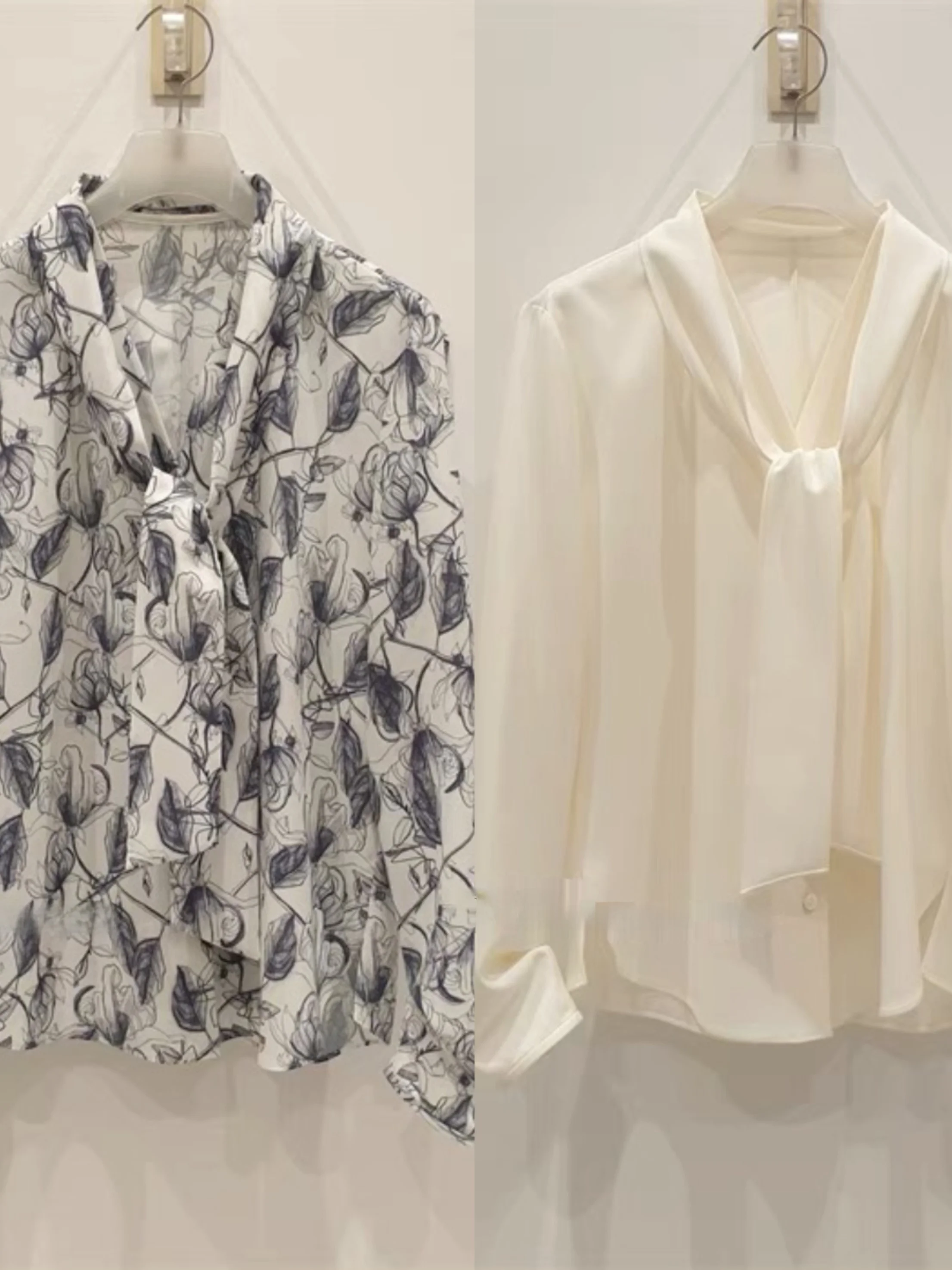 

Ele V-ne Draped irt Commute Casual Chic Poster Sle Long Sve Loose Fit Floral Print Versatile irt for Women