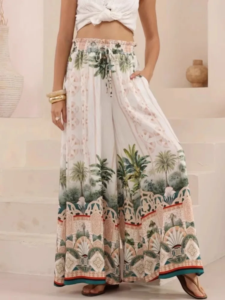 سراويل بوهو بالازو النسائية واسعة الساق لليوجا ملفوفة بحزام الخصر لتغطية الشاطئ سراويل فضفاضة ناعمة قابلة للتنفس لصيف 2026