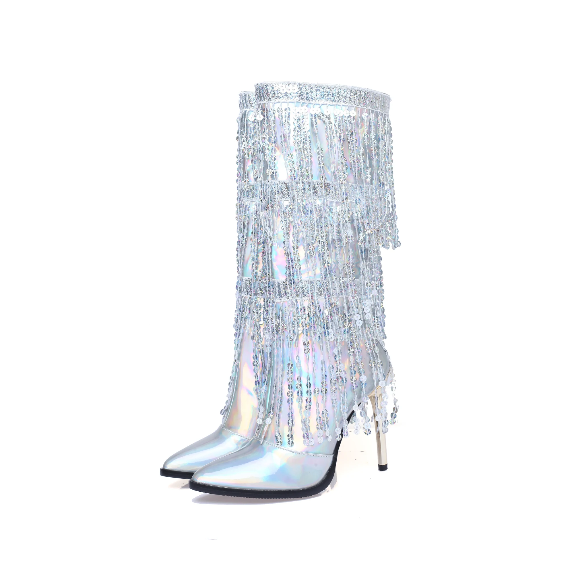 Bling Bling Wedding Shining Boots With Sequined Fringes Tassels Zip Up Pointed Toe Super Thin High Heels Mid-calf Women Boots