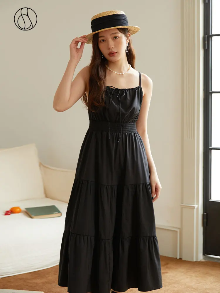 DUSHU French Square Neck Vacation Style Suspender Dress for Women Spring and Summer Wear Tea Break Long Straps Skirt Female