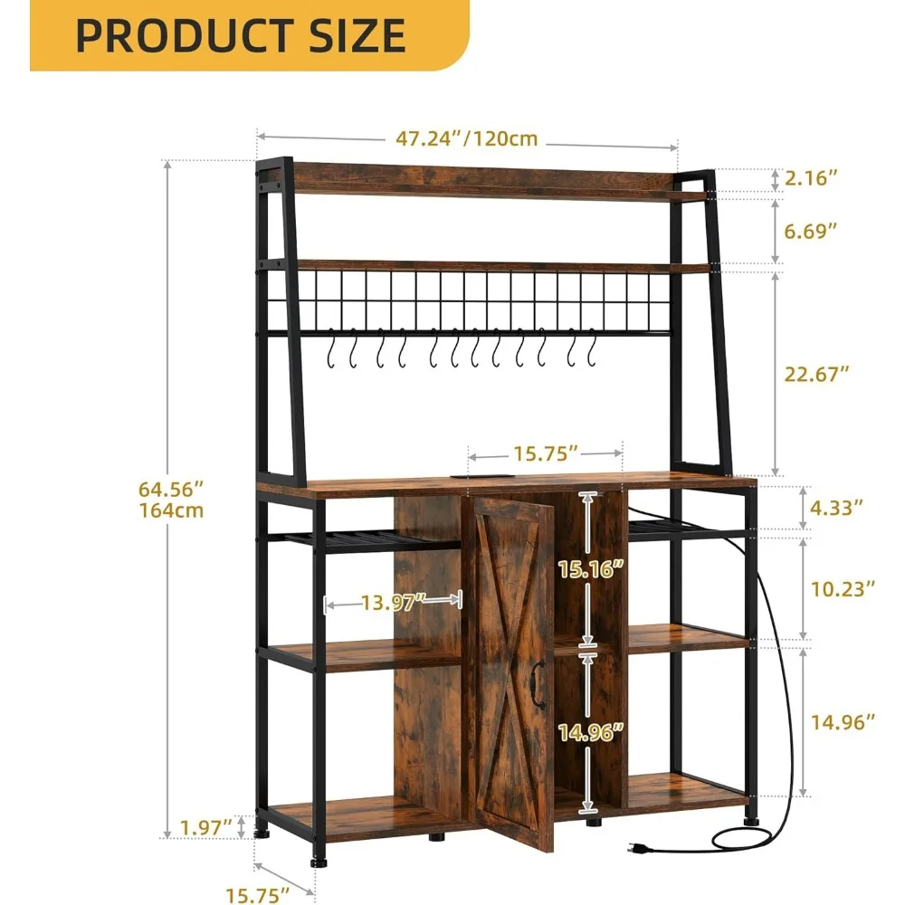 Estante para panaderos, armario de soporte para microondas con cajón de almacenamiento grande y toma de corriente, 47 pulgadas, cocina de granja, alto y grueso