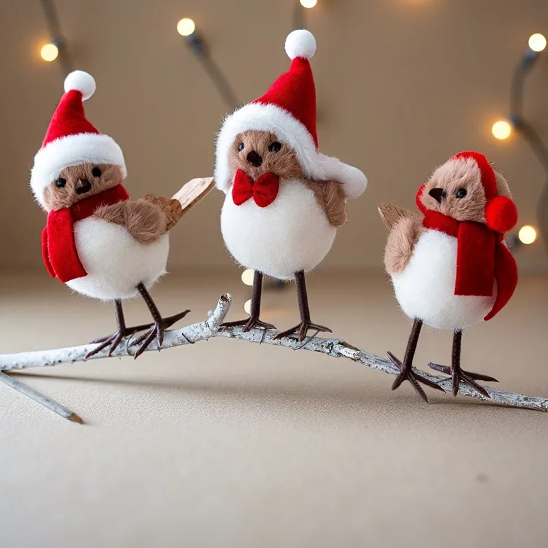 espuma-de-natal-sentada-em-um-ramo-com-um-passaro-e-um-lenco-vermelho-usando-um-chapeu-vermelho-enfeites-de-arvore-de-natal-decoracoes-de-mesa