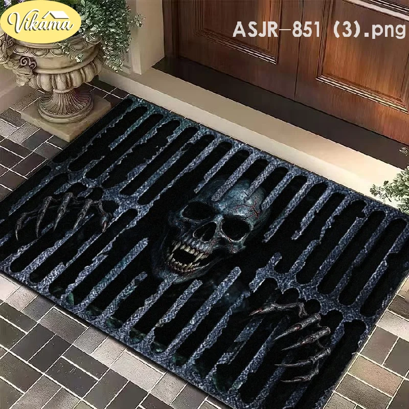 VIKAMA Halloween Door Mat 3D Skeleton Demon Sewer Manhole Print Non Slip Rug For Entrance Hallway Horror Party Decoration