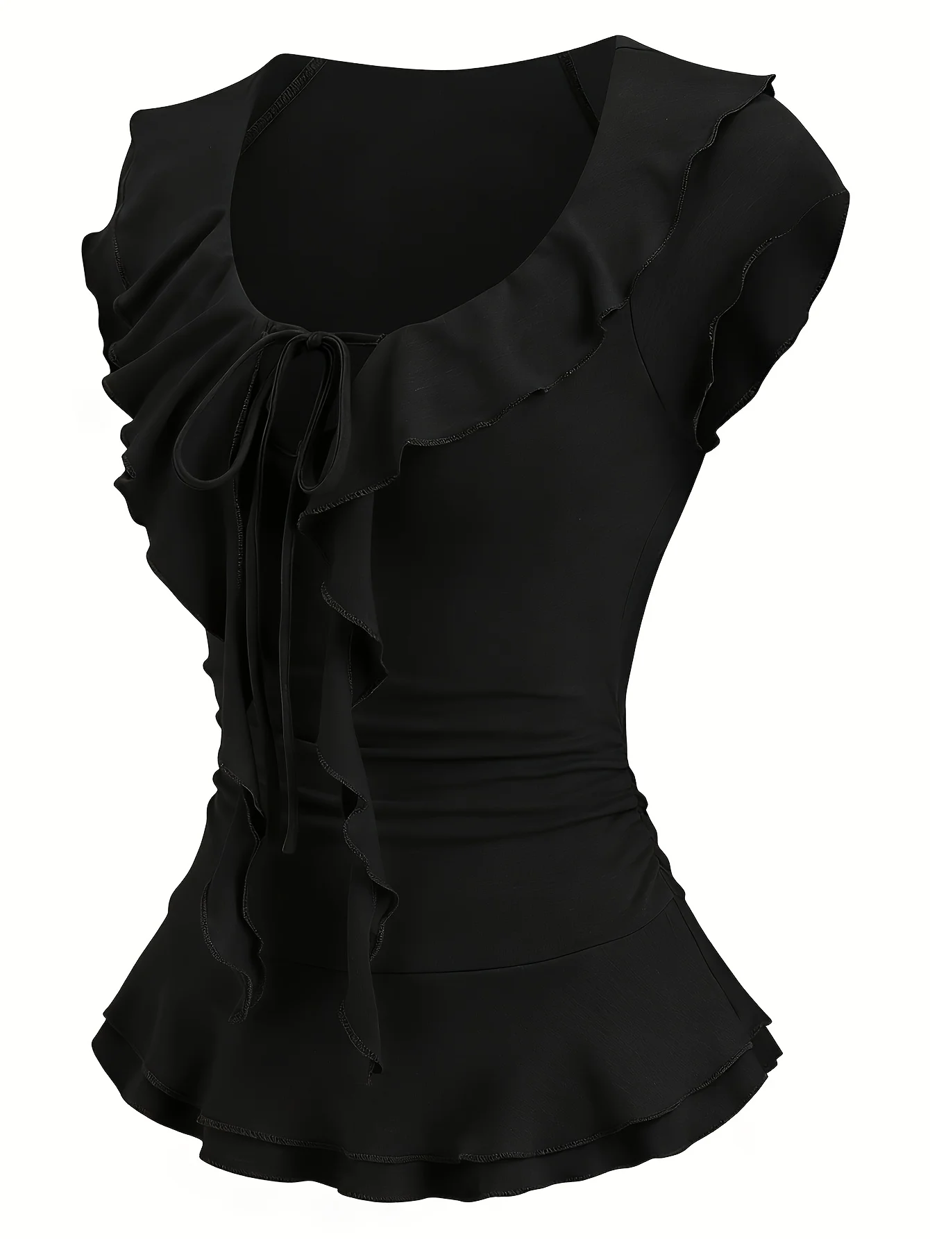 Women's Elegant Retro Ruffle Collar Tie-Waist Pleated T-Shirt for Commuting, Casual Outings, and Vacation (Summer Solstice)