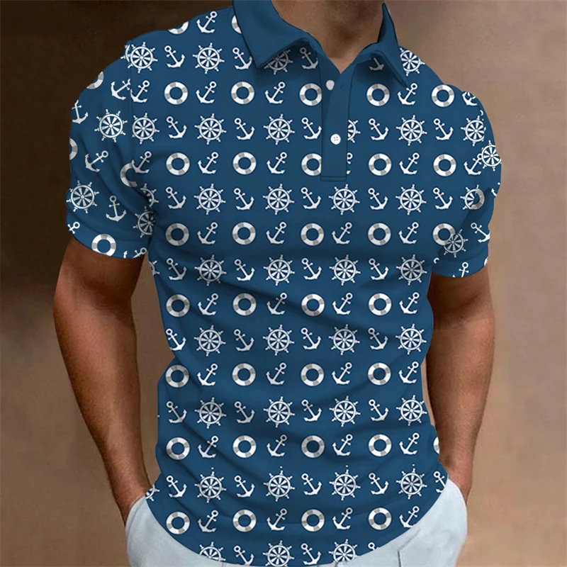 Fashion Mens Polo Shirt Short Sleeve Anchor Patter Mens Designer Clothes Causal Short Sleeve Button Lapel Polo T-shirts Apparel view 6