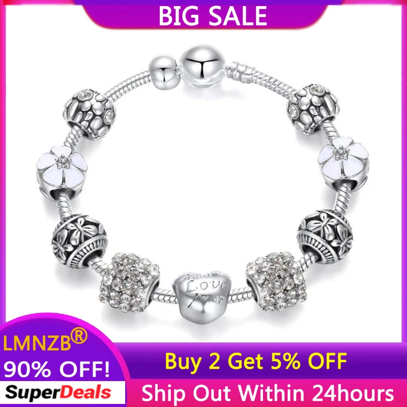 

Бесаллергенный тибетский серебряный браслет LMNZB с шармами, изящный цветочный узор, браслет с хрустальными бусинами, Модная бижутерия, подарок для женщин и девушек