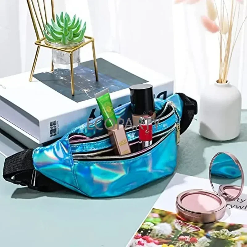 80s ผู้หญิงนีออนขาอุ่นชุด Holographic Fanny Pack ถักขาอุ่นสายรัดข้อมือสําหรับโยคะวิ่งเดินป่าเดินทาง