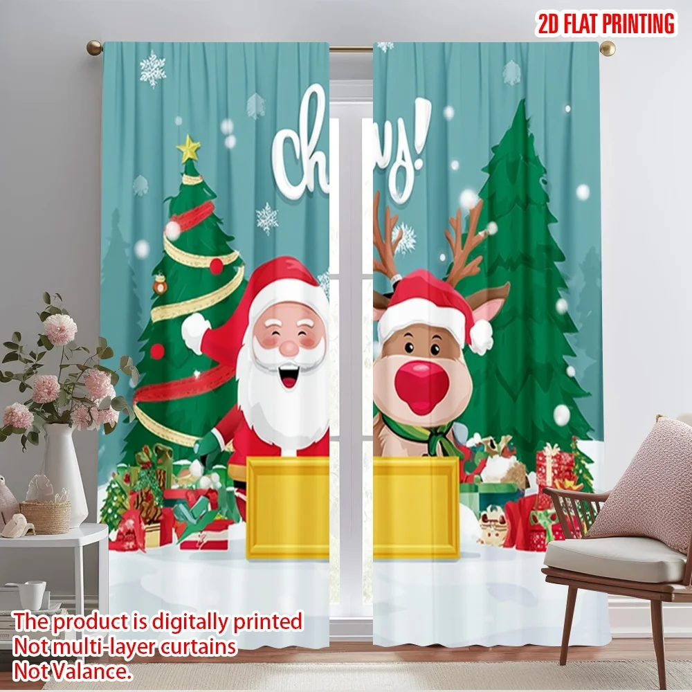 2pcs,2D plane printing Popular Curtains nta & Reindeer Sled Polyester Woven (without rod) All Seasons Perfect for Bedroom Office