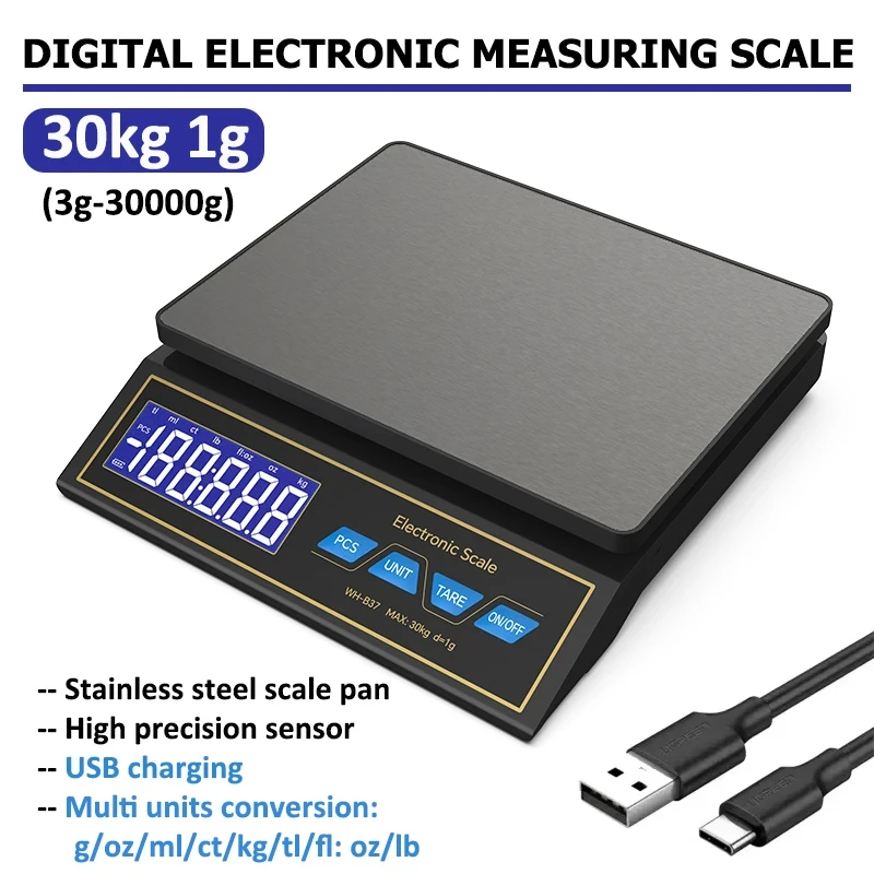 LCD Digital Kitchen Scale 30kg/1g Rechargeable Stainless Steel Panel Electronic Scales Home Jewelry Food Weighing Baking Tools
