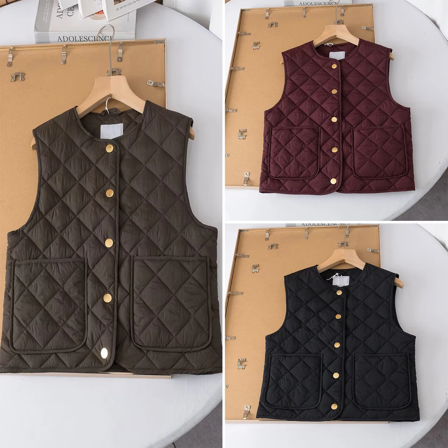 

2025 Winter New Women's Faion Lightweight round Ne Vest Inner Wear Quilted Vest Versatile Commute Sle Single Button Clo...