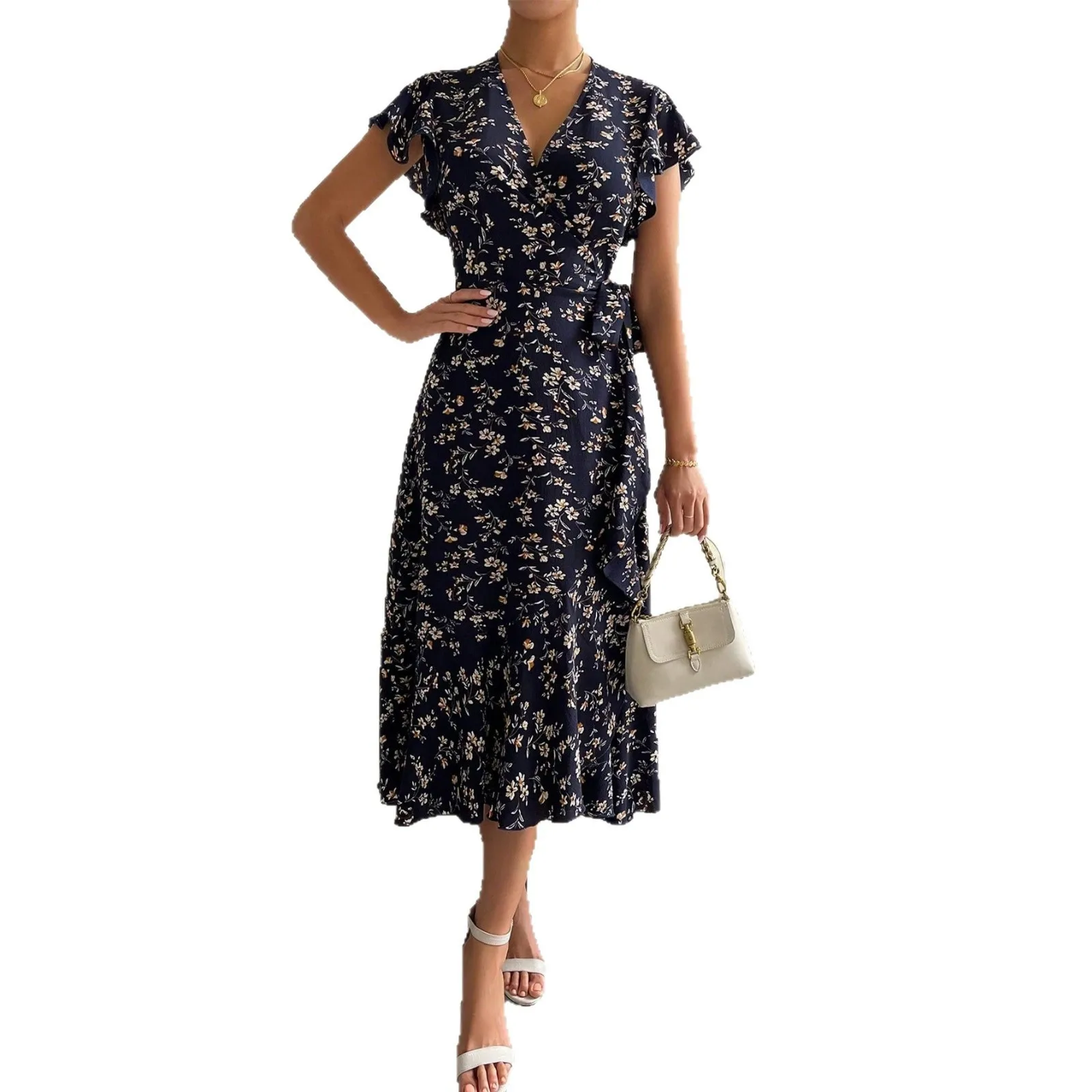 Summer Woman Dress V Neck Floral Print Open Front Dresses Light Purple Ruffle Sleeve Maxi Dress Red Floral A Line Wrap Dress