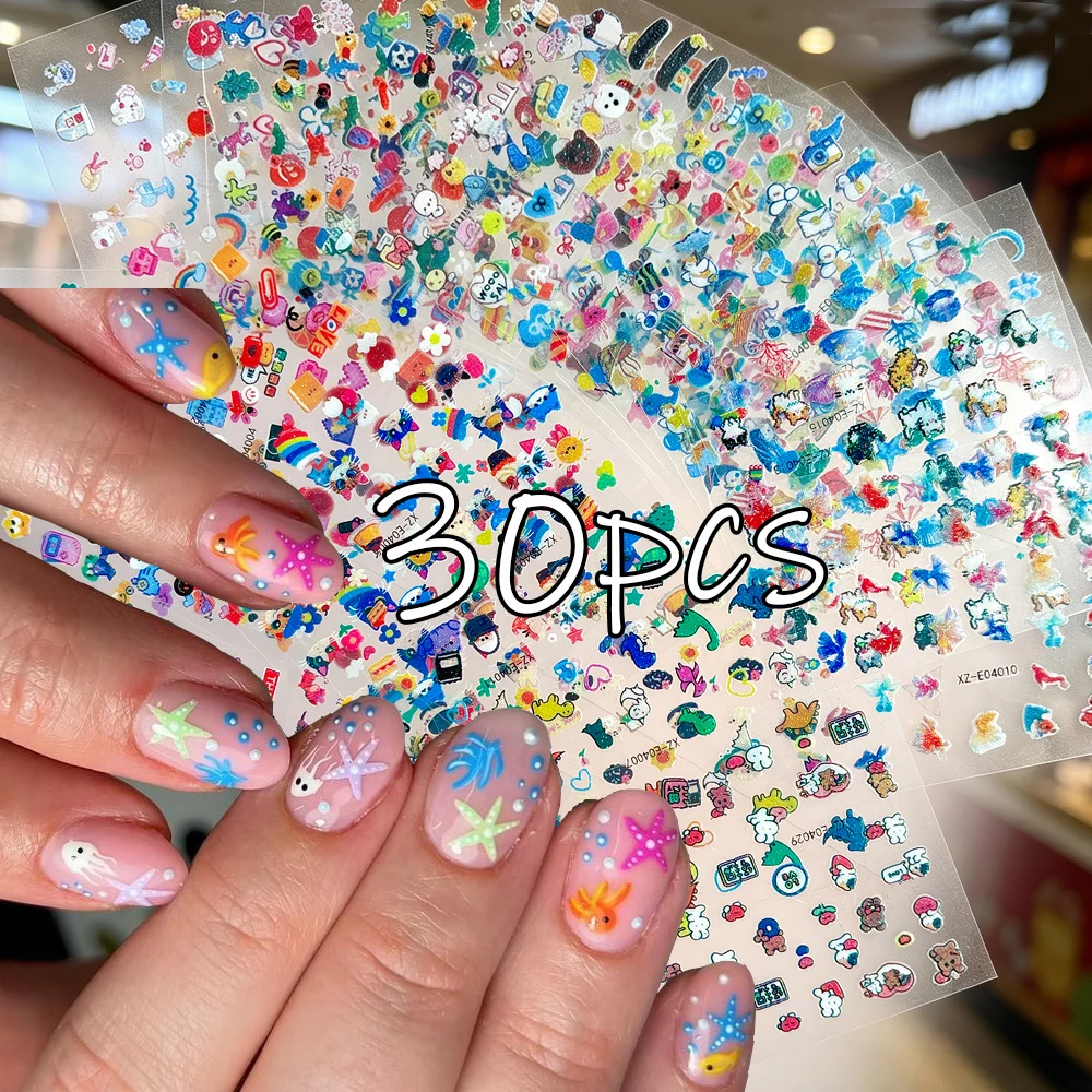 30pcs Colorful Marine Life Wildflowers Self-Adhesive Nail Decals Cute Animals Cartoon Mini Nail Art Stickers Kids Nail Decoratio