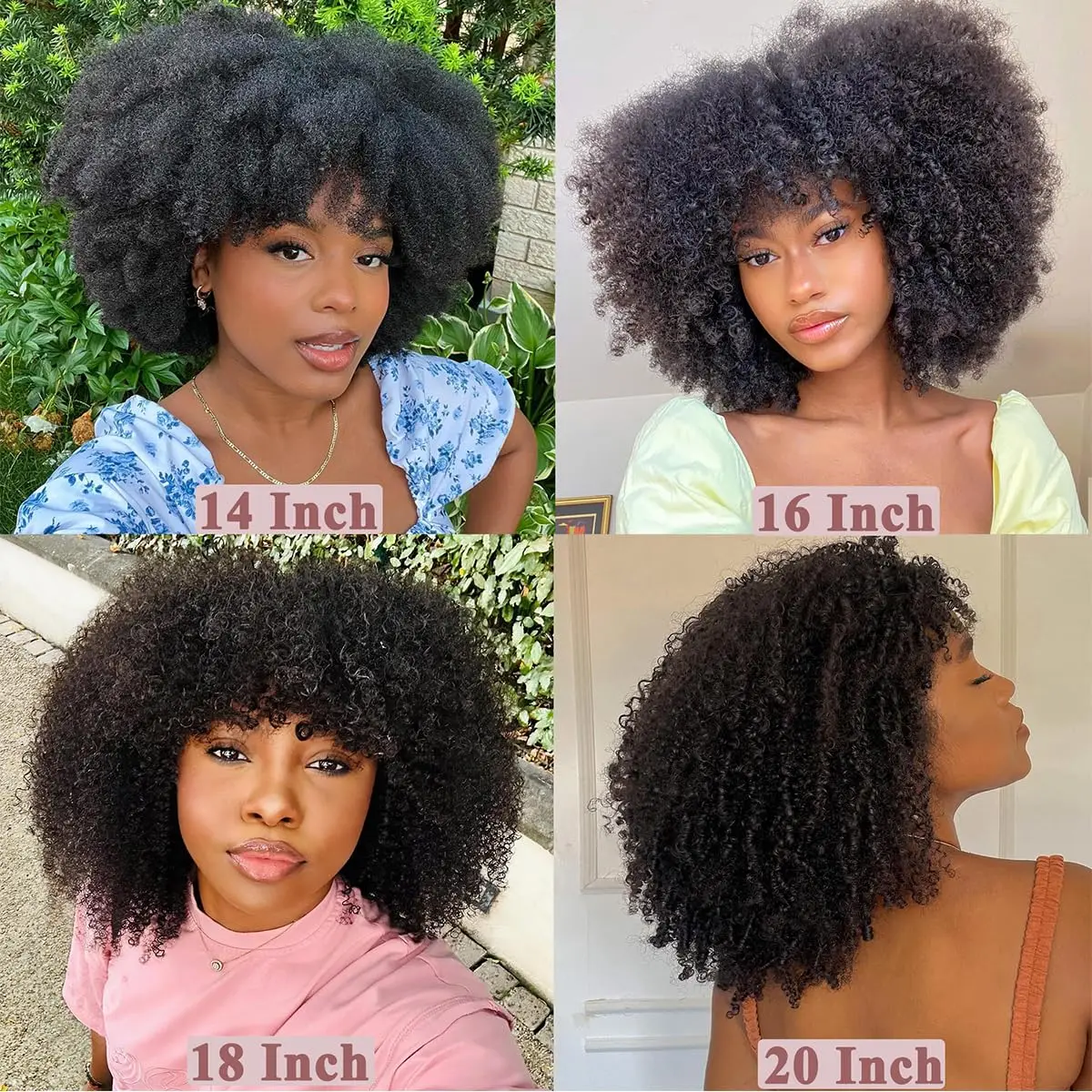 Pelucas de cabello humano rizado Afro con flequillo, cabello humano Remy de 200% de densidad, peluca sin pegamento, pelu