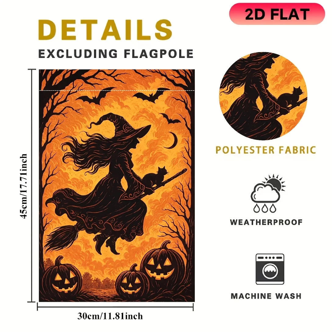 2D Flat Garden Flag 1 Piece, Silhouette Flying Witch Halloween Garden Flag, Halloween Celebration Flag, Durable Polyester Material, Ideal for Garden, Lawn, Yard, Home, Outdoor, Beach Decoration Flags, Halloween Day Celebration Decoration Flags