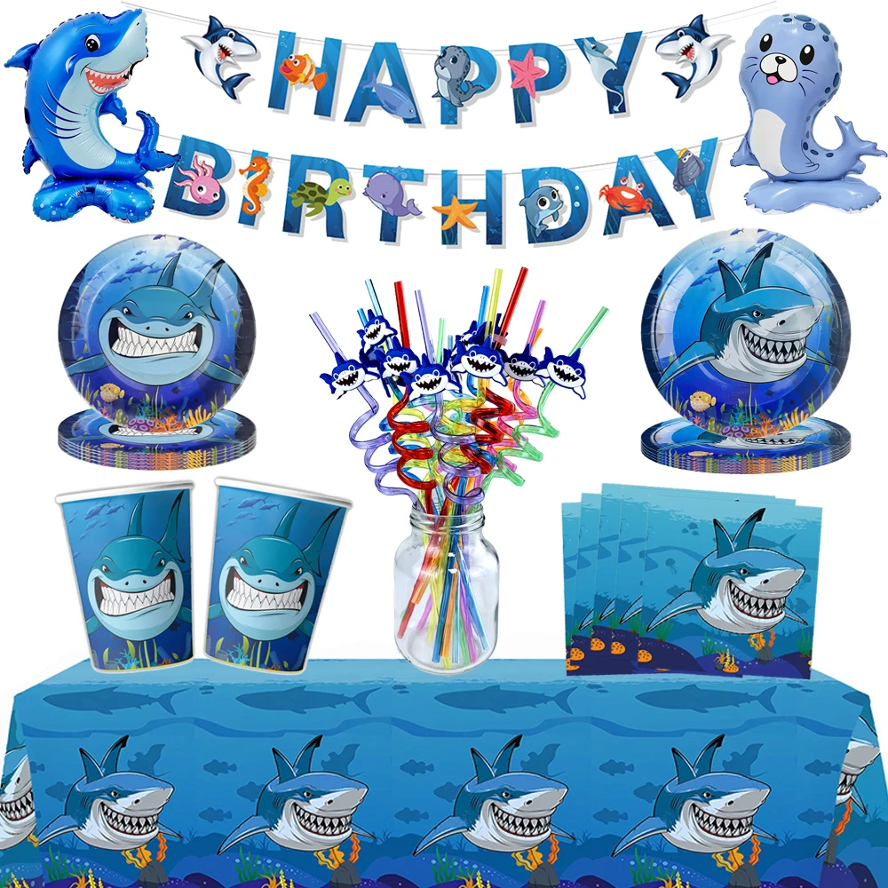 Shark Theme Party Tableware Plates Napkins Cup Tablecloth Straws Shark Balloon Kids Ocean Birthday Table Decorations Supplies