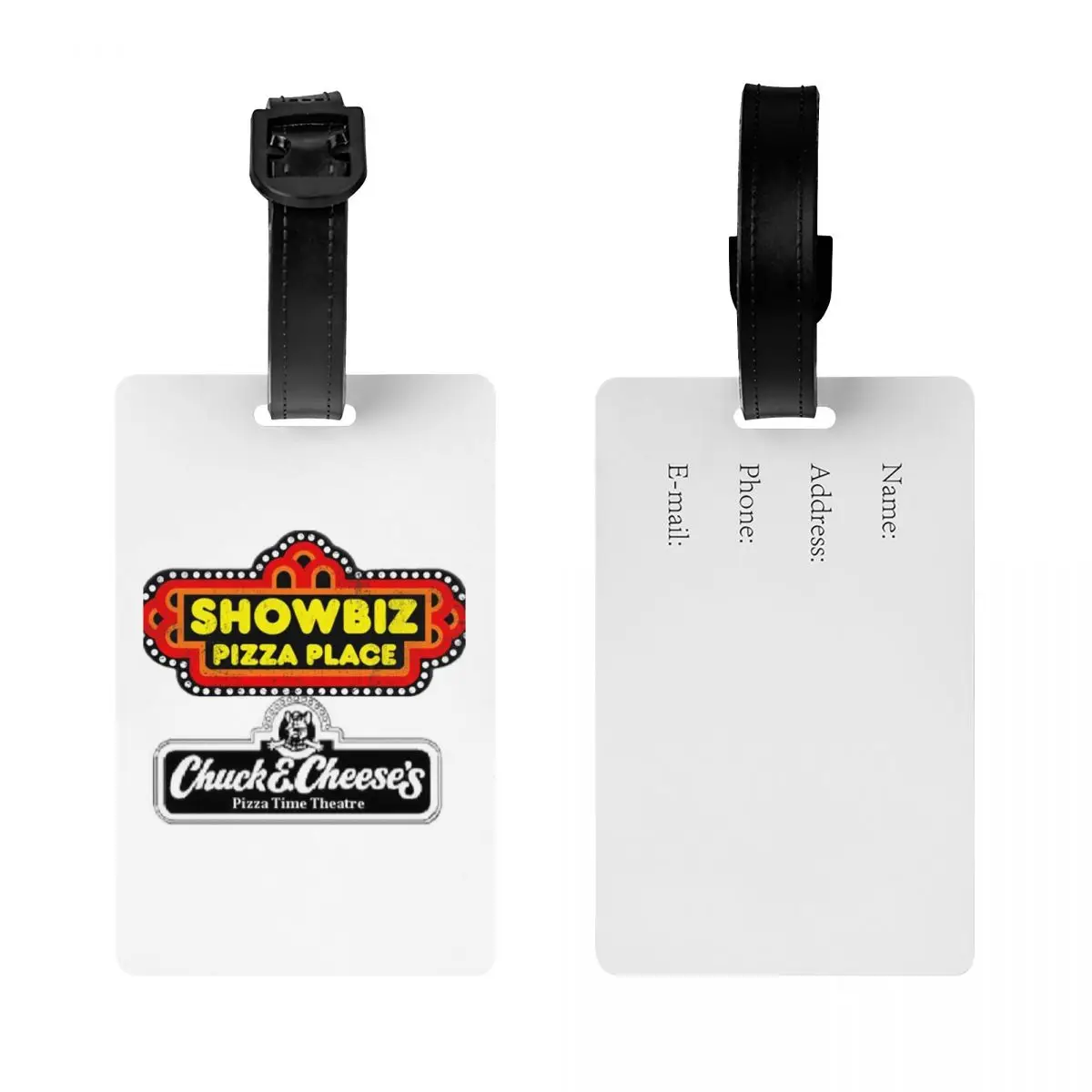 Etiquetas para equipaje de Chuck E. Cheese's Pizza Time Theater, accesorios para maletas, etiquetas de identificación para equipaje de viaje, soporte para etiquetas de embarque, nombre, dirección