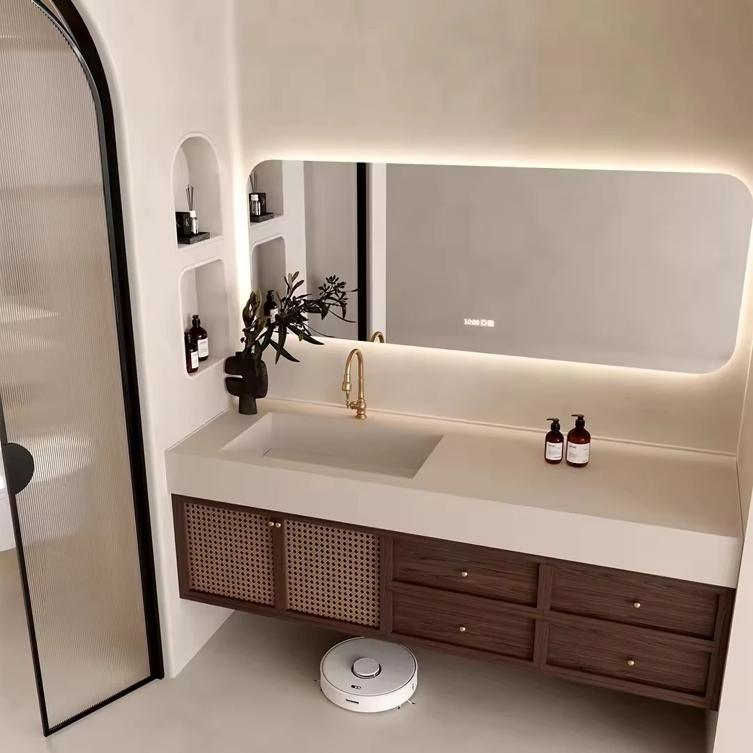 Luxury Classic European Antique Style Brown Solid Wood Bathroom Vanities Waterproof Bathroom Storage Cabinets