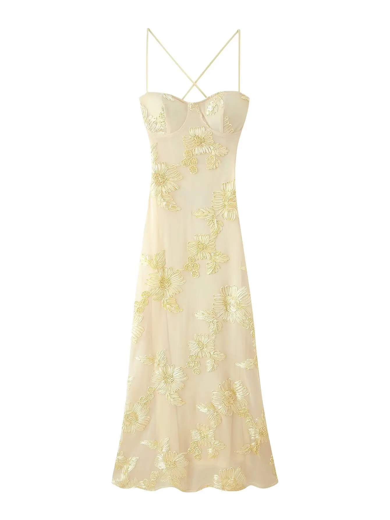 Cami lange damesjurk met reliëfbloemborduurwerk, rugloze mouwloze slim-fit elegante jurken