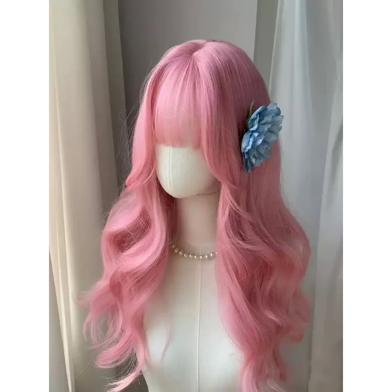 Light Pink Long Wavy Wig for Women, Big Wave Full Head Synthetic Hair Wig with Bangs, Natural Looking Daily Party Wig