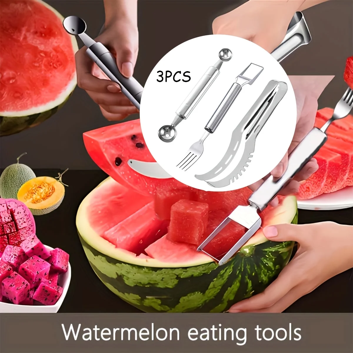 Three-Piece Stainless Steel Watermelon Cutter, Slicer and Watermelon Ball Remover, Fruit Carving Tool Set