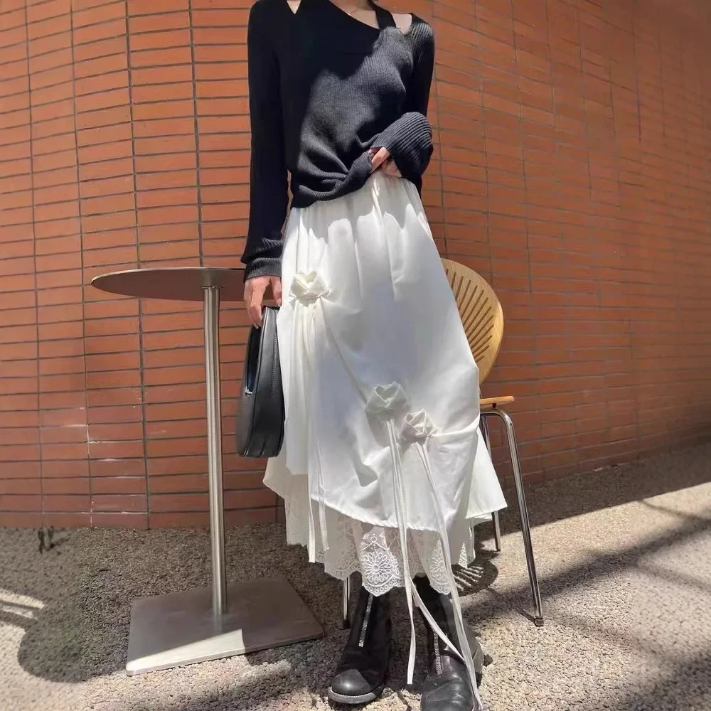 

Elegant Dull Black Long Dress Women Fall 2025 High-Waisted Bow Spliced Lace A- Line Mid-Length Skirt Female Fashion Long Dresses