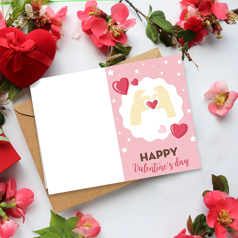 26 teile/satz Valentinstag Falten Grußkarten mit Umschlägen Rosa liebe Herz Postkarte DIY Geschenk Karte Hochzeit Party Dekorationen