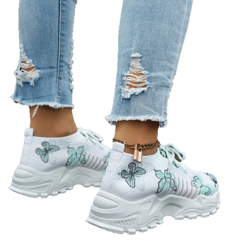 Women Butterfly Print Mesh Sneakers White EVA Platform Shoes Breathable Knit Lace Up Daily Walking Casual Trainers